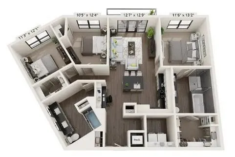 a view of a living room with furniture and kitchen view