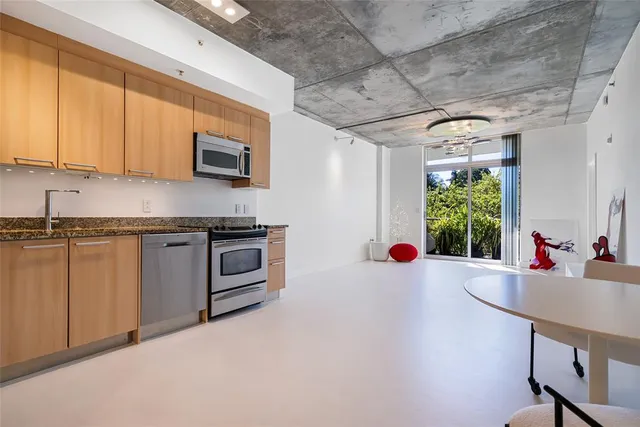 a kitchen with stainless steel appliances a stove a sink and a microwave