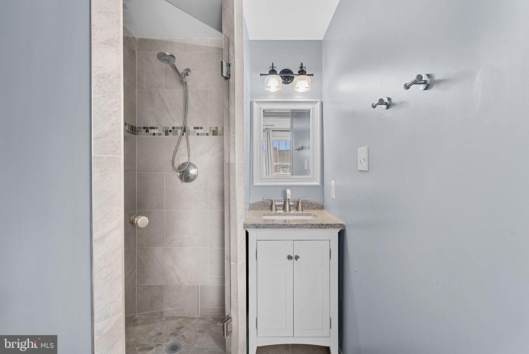 43983 Choptank Terrace Ashburn, VA 20147 - Photo 21 of 43 a bathroom with a granite countertop shower a sink and mirror