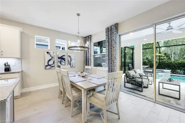 a view of a dining room with furniture large windows and wooden floor
