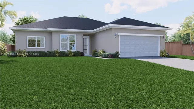 a front view of a house with a garden and yard