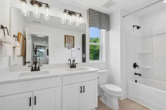 a bathroom with a sink a toilet a mirror a vanity and shower