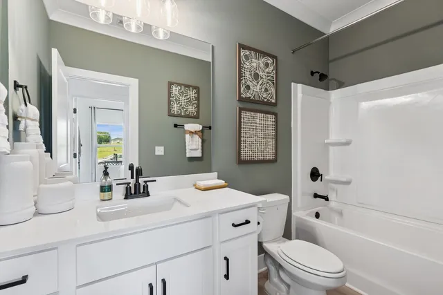 a bathroom with a sink a toilet a mirror a vanity a bath tub and shower