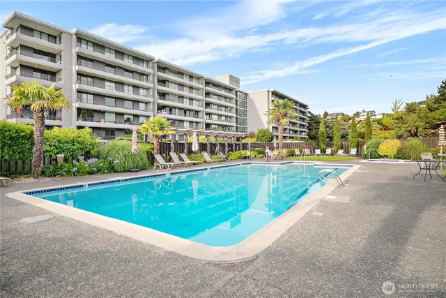 a view of a garden with lawn chairs