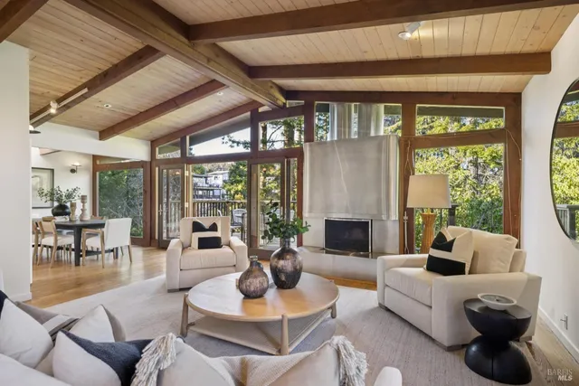 a living room with furniture a fireplace and a floor to ceiling window