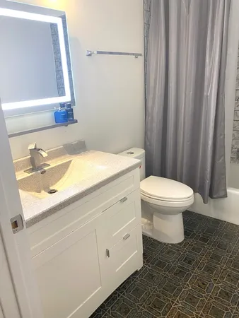 a bathroom with a sink a toilet and a mirror