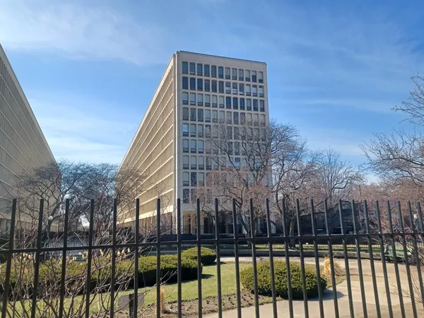 a view of a building from a balcony