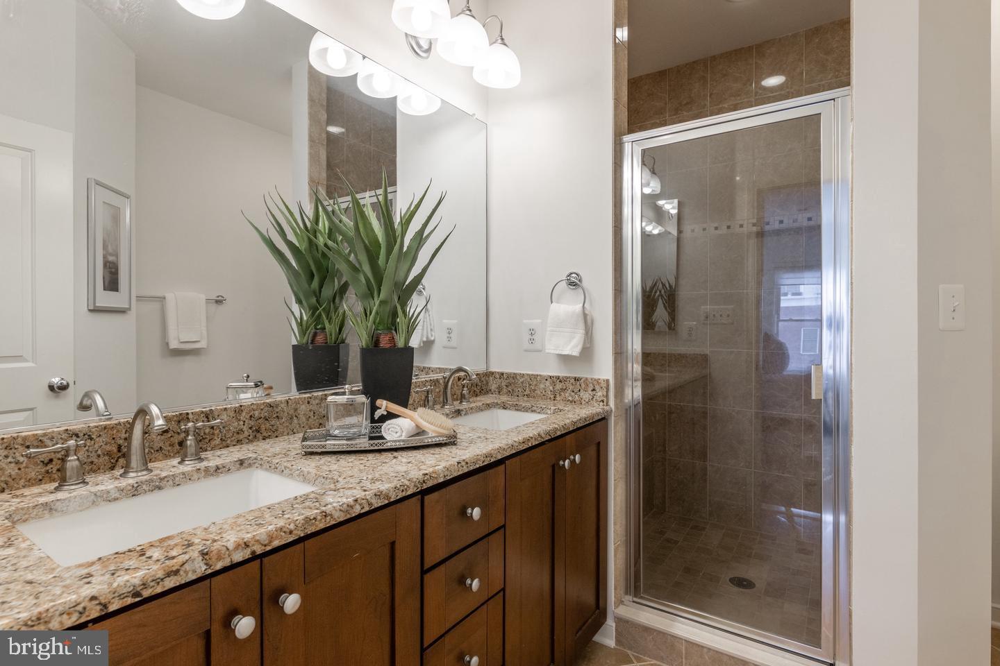 330 L Street Southeast Washington, DC 20003 - Photo 11 of 17 a bathroom with a granite countertop sink a mirror and a shower
