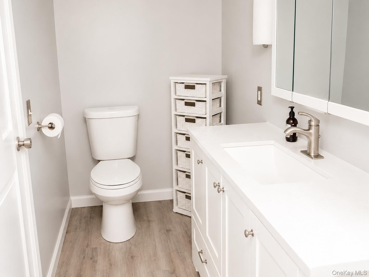 182-184 Mutton Hill Road Neversink, NY 12765 - Photo 11 of 36 Bathroom featuring a white vanity with integrated sink, brushed nickel faucet, a medicine cabinet with mirrored doors, and wood-finish flooring