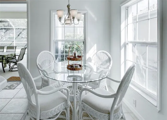 a view of a dining room with furniture window and outside view