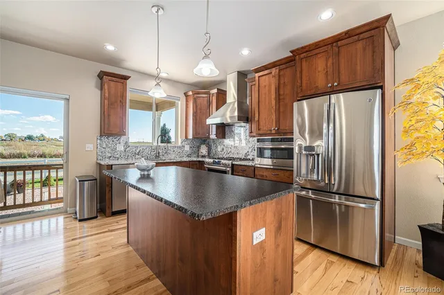 a kitchen with stainless steel appliances granite countertop a refrigerator a sink dishwasher a stove and a refrigerator with wooden floor