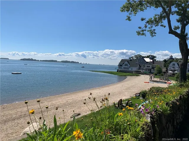 a view of a lake with beach and mountain view