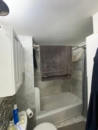 a bathroom with a bathtub and a shower