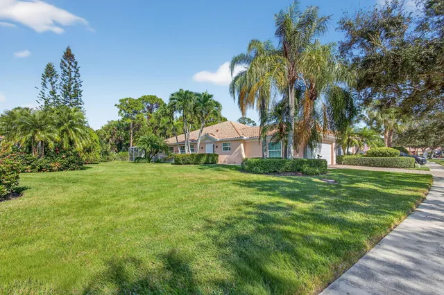 a view of a house with a small yard and a large tree