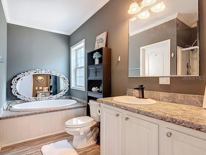 102 Ash Street Edgewater, FL 32141 - Photo 20 of 36 a bathroom with a granite countertop toilet a sink and a mirror