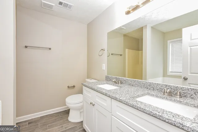 a bathroom with a granite countertop sink a toilet and a large mirror