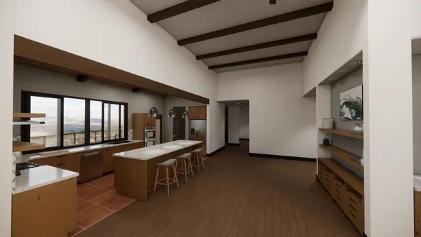 a room with gym equipment and large windows