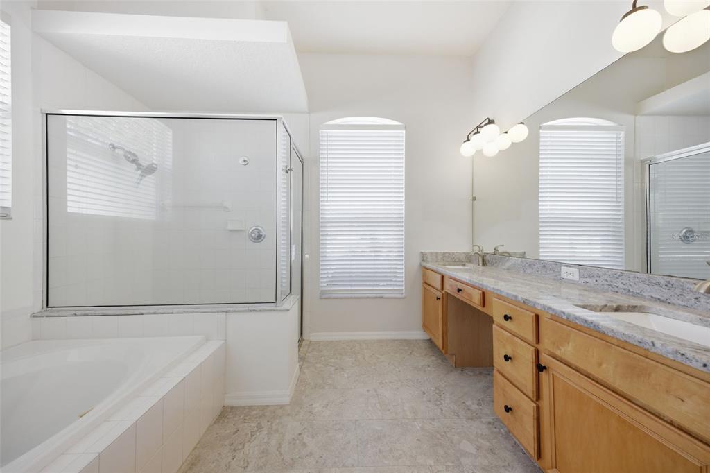 3209 Partridge Point Trail Valrico, FL 33596 - Photo 28 of 66 a bathroom with a granite countertop sink a mirror a bathtub and shower