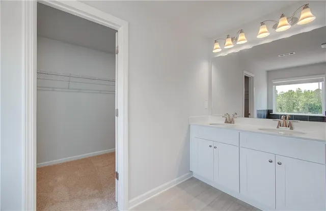 a bathroom with a sink vanity and a mirror