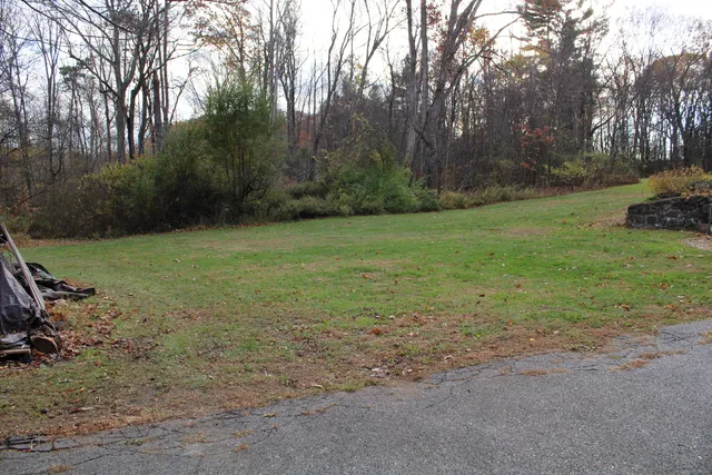 a view of a field with trees in background