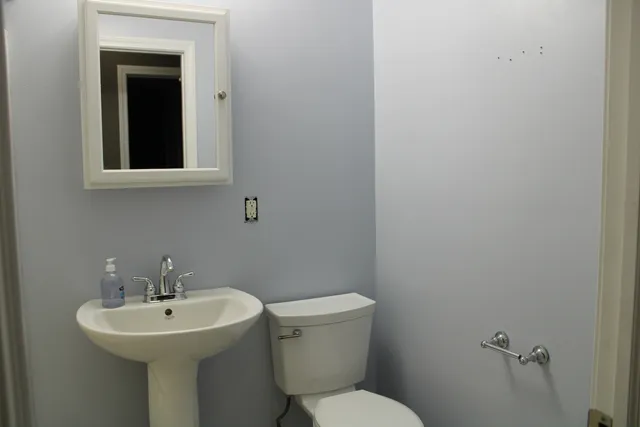 a bathroom with a sink a mirror and a toilet