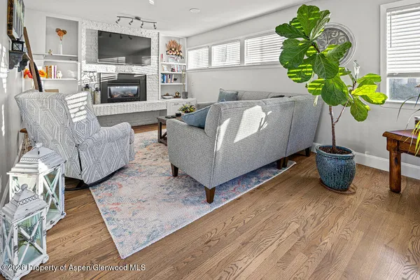 a living room with furniture a flat screen tv and a potted plant