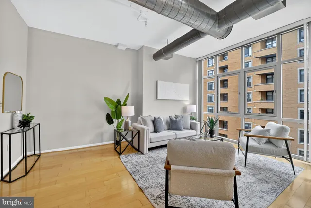 a living room with furniture potted plant and a table