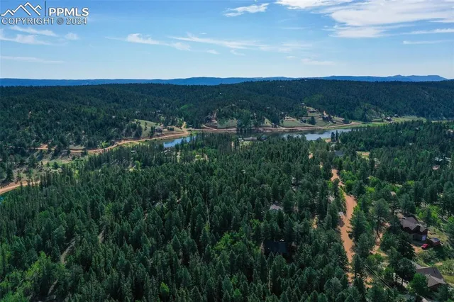 an aerial view of residential houses with outdoor space and trees