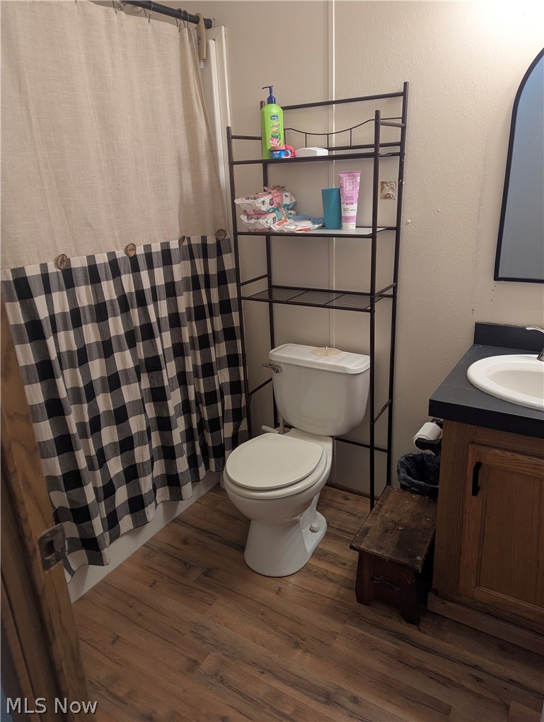 17960 Raven Road Salesville, OH 43778 - Photo 21 of 27 Bathroom featuring wood-finish flooring, a white toilet, and a vanity with a white basin and dark countertop