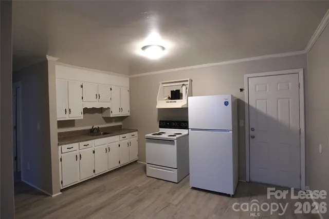 a kitchen with a sink a refrigerator and white cabinets