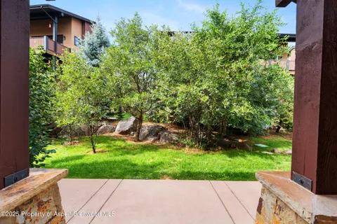 a view of a house with a yard and potted plants