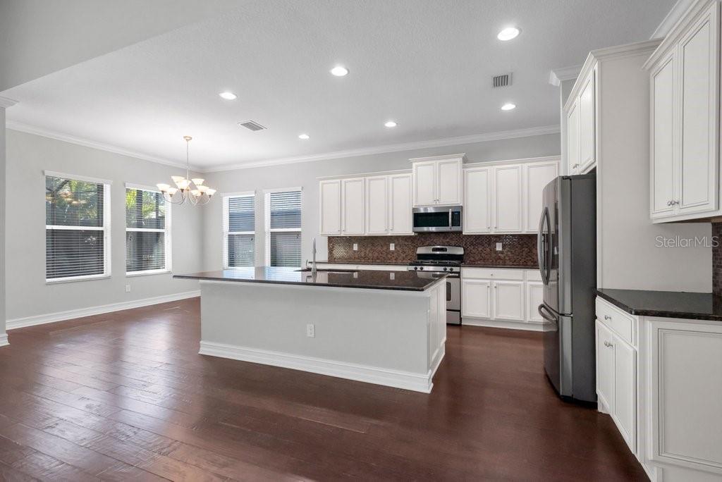 15607 Sunset Run Lane Lithia, FL 33547 - Photo 15 of 54 a kitchen with stainless steel appliances granite countertop a refrigerator a stove top oven and white cabinets with wooden floor