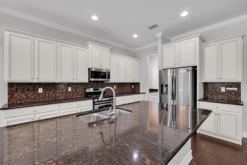 15607 Sunset Run Lane Lithia, FL 33547 - Photo 17 of 54 a kitchen with stainless steel appliances granite countertop a refrigerator a stove a sink and white cabinets with wooden floor