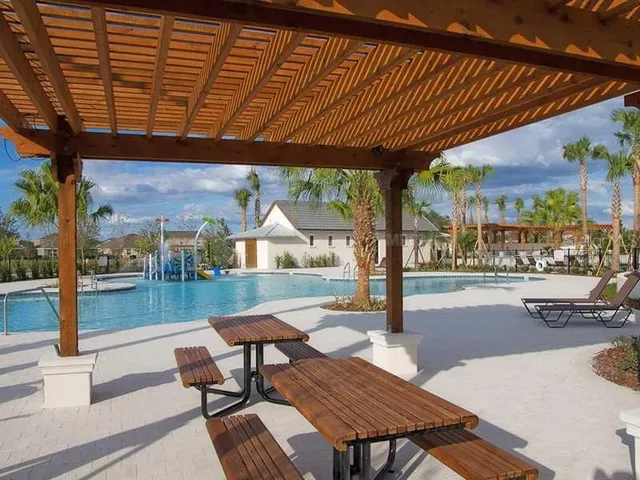 a view of a park with large trees