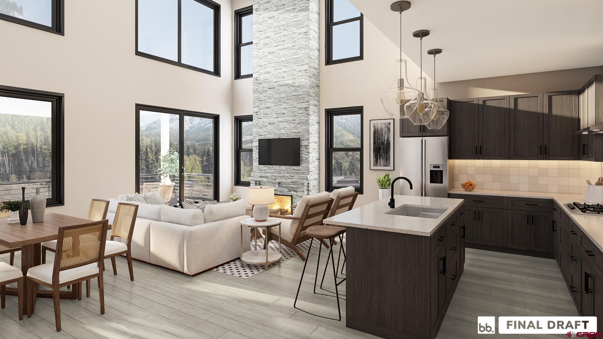 115 Travertine Trail, Unit PHASE III 4 Durango, CO 81301 - Photo 2 of 34 a living room with furniture a large window and a chandelier