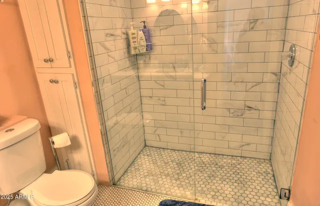 a bathroom with a toilet and a shower