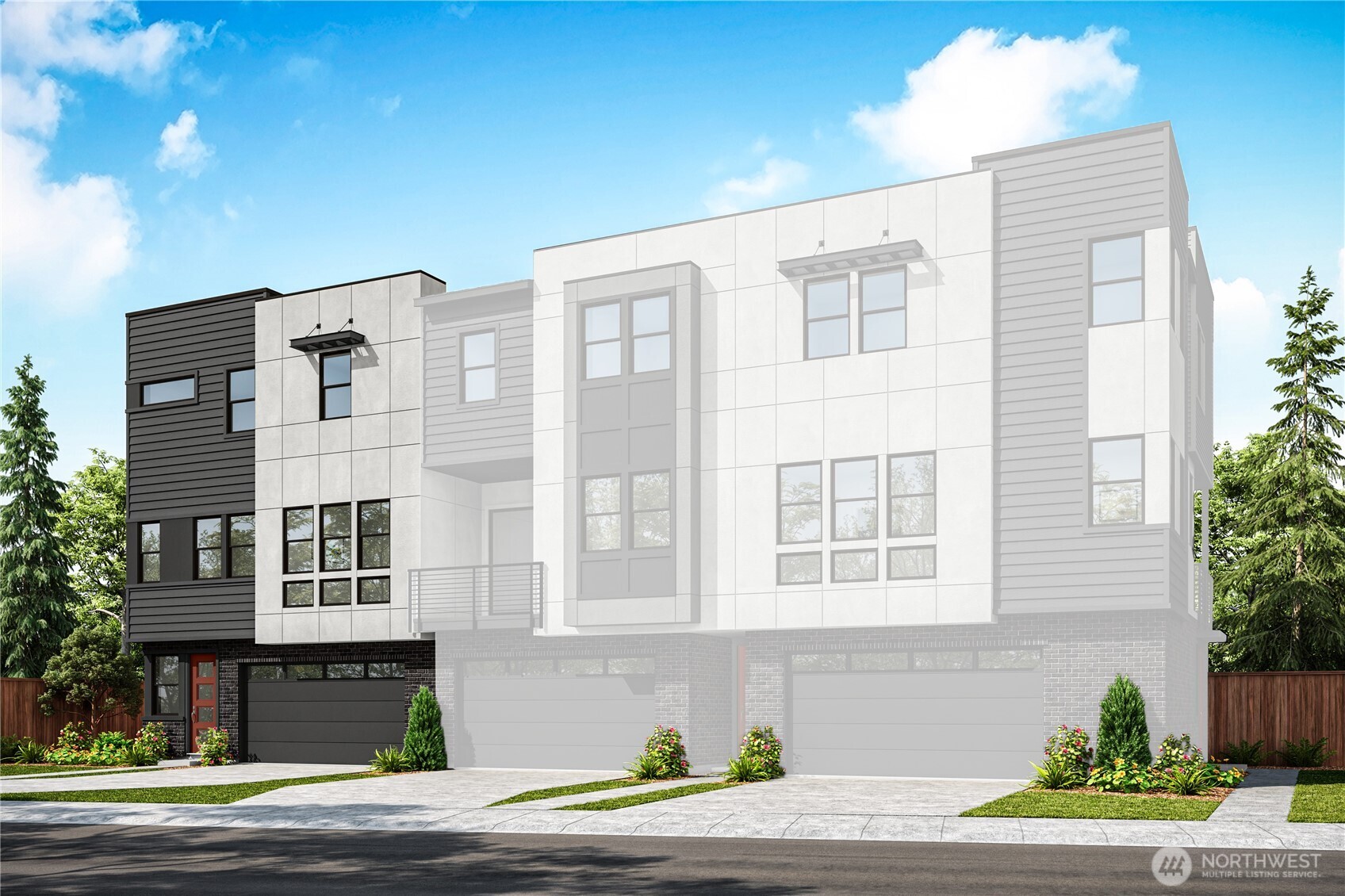 a front view of a building with a garden and entryway