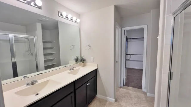 a bathroom with a double vanity sink a mirror and a shower