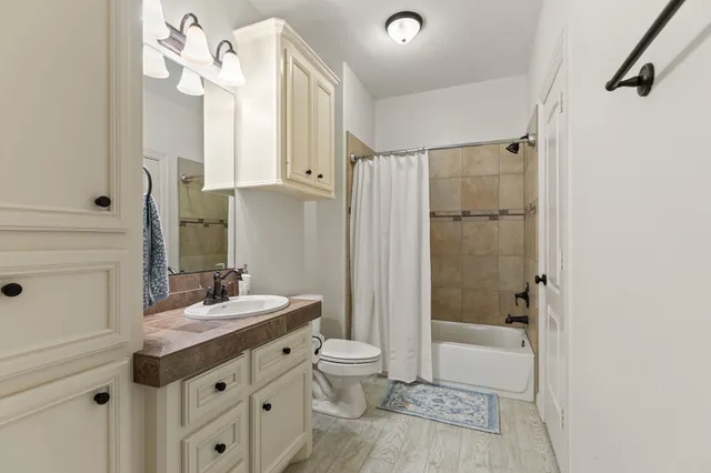 a bathroom with a sink a toilet a mirror and shower