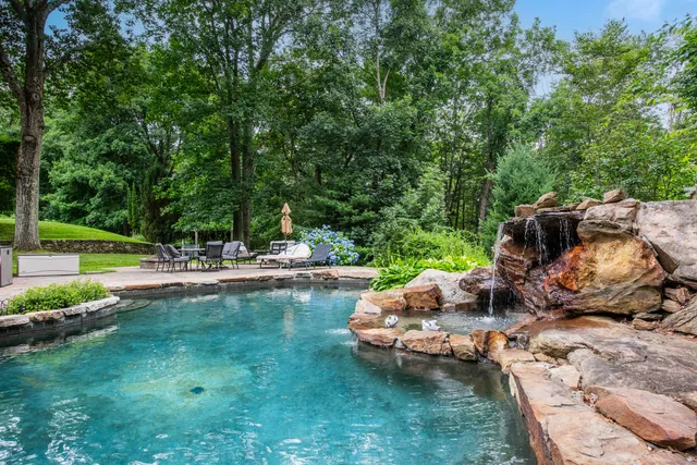 a view of a swimming pool and lounge chair