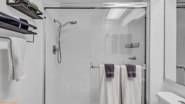 a bathroom with a shower and toilet