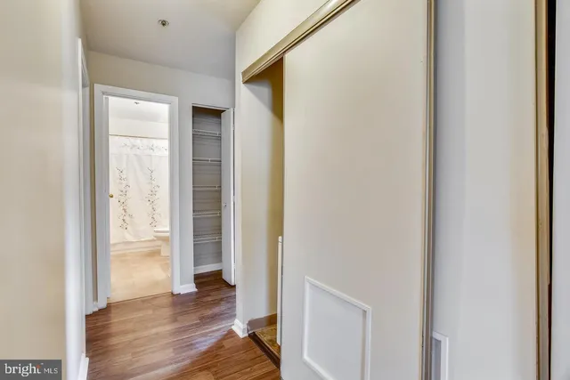 a view of a hallway with wooden floor and closet