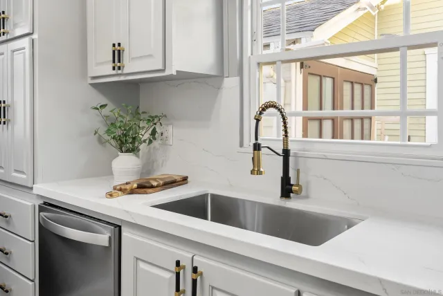 a close view of a sink a faucet and a potted plant