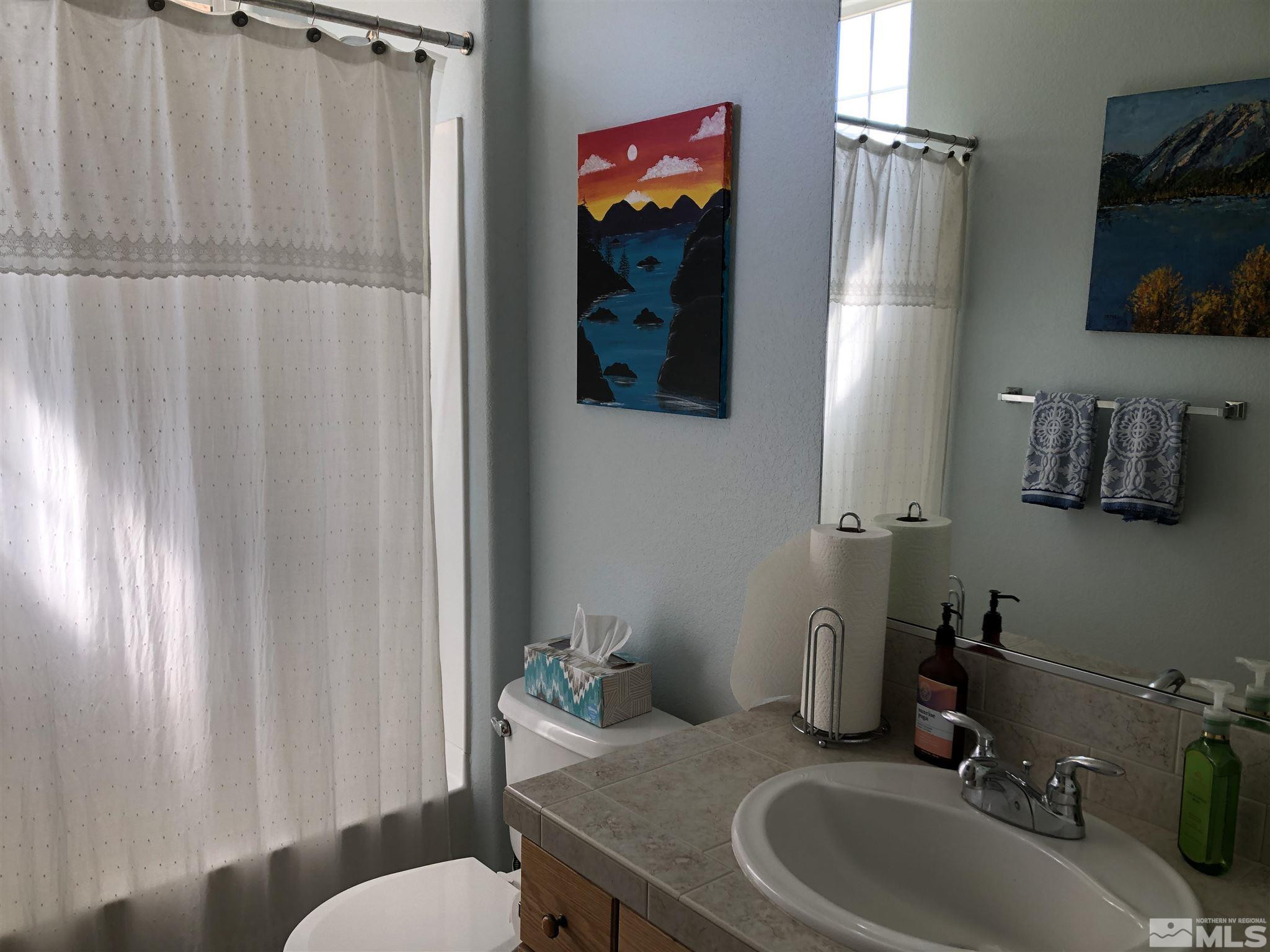 10150 Robilee Court Reno, NV 89521 - Photo 27 of 40 a bathroom with a sink a toilet and shower curtain