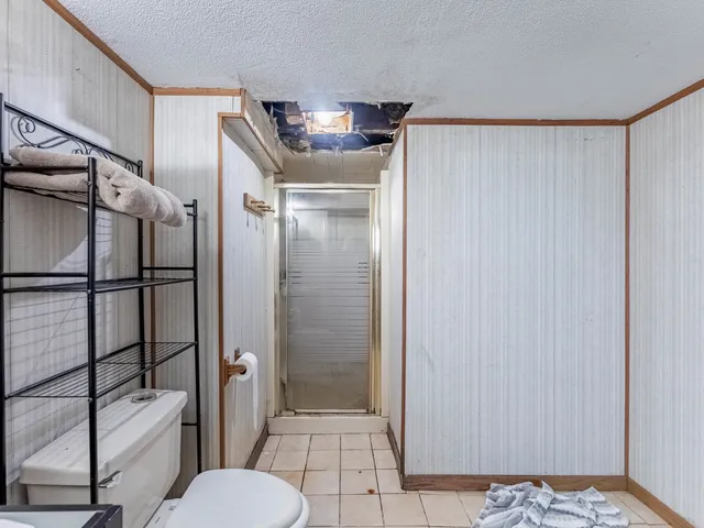 a bathroom with a shower toilet and sink