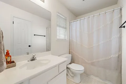 a bathroom with a sink a toilet and shower curtain