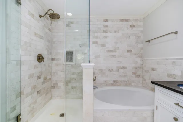 a bathroom with a bathtub and a shower