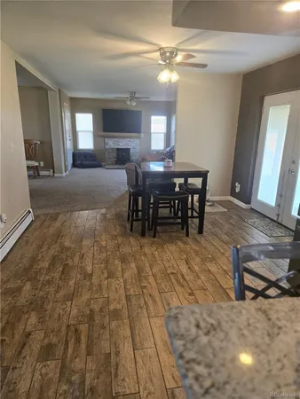 a view of a dining room with furniture