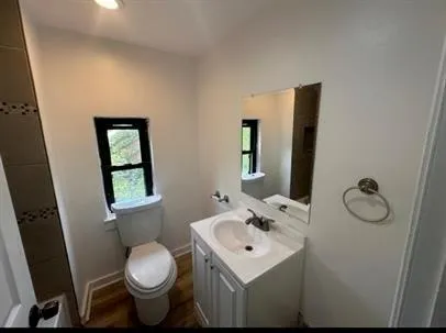 a bathroom with a sink toilet and mirror