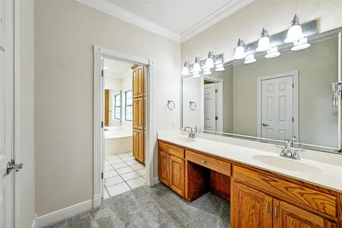 a spacious bathroom with a granite countertop sink a mirror and a shower